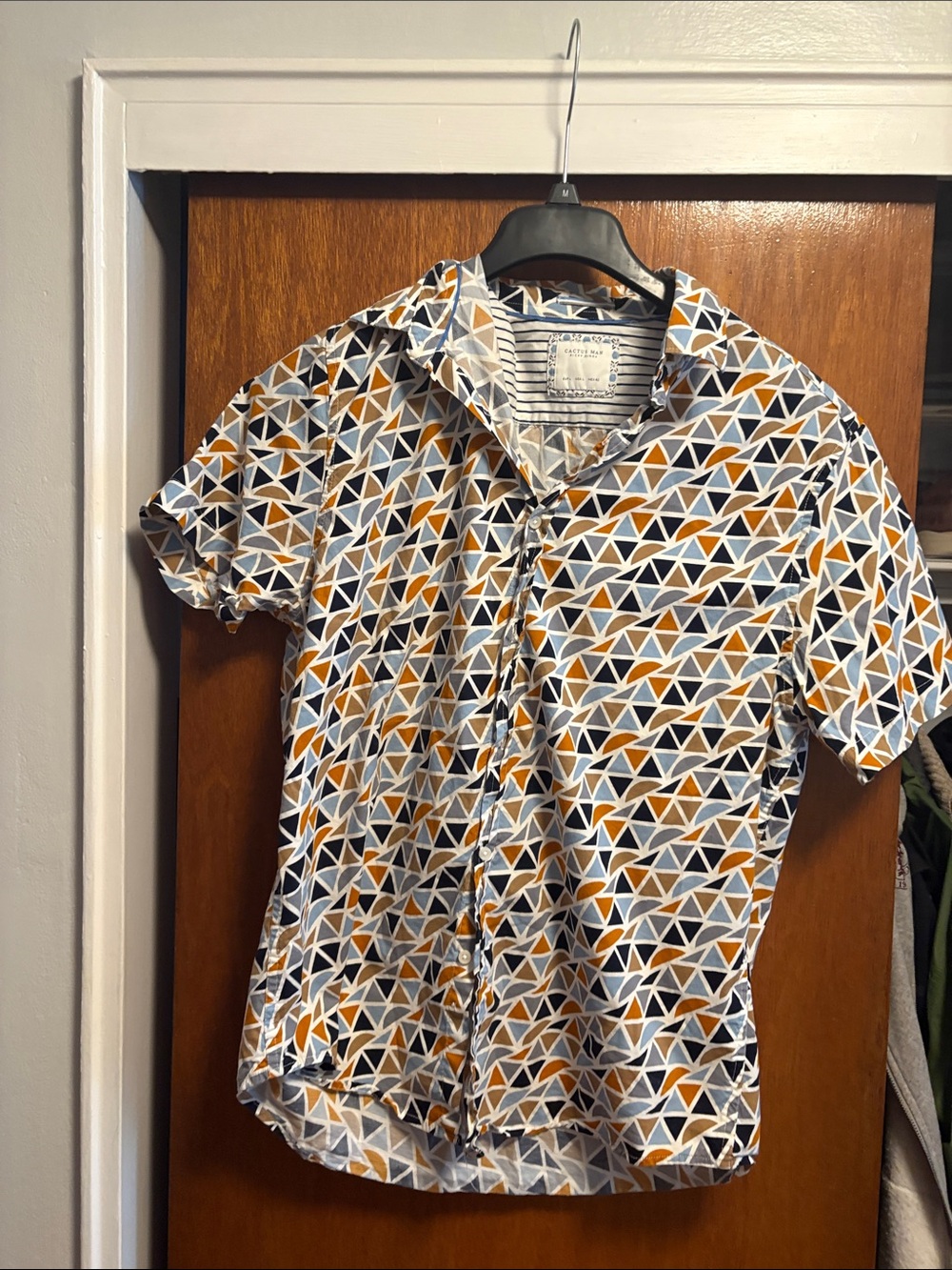 Short-Sleeve Geometric Button-Down Shirt - Navy & Mustard